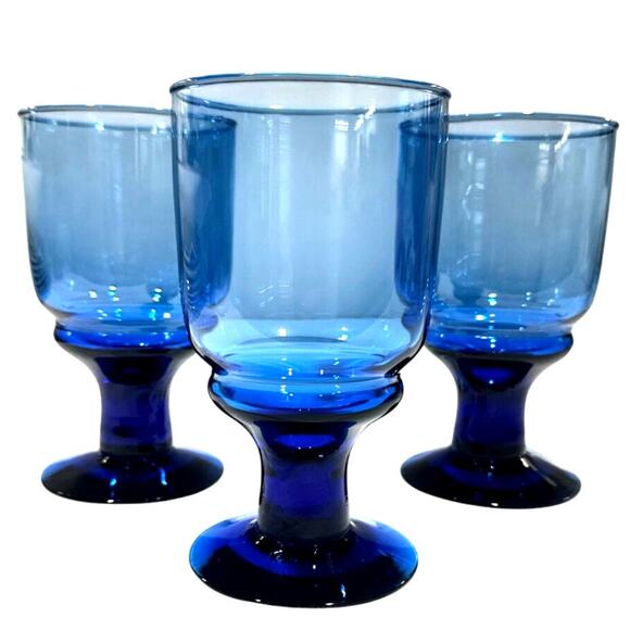 Cobalt Blue Large Vintage Footed Water/Iced Tea Goblets-Set of 3-Excellent - Picture 1 of 5
